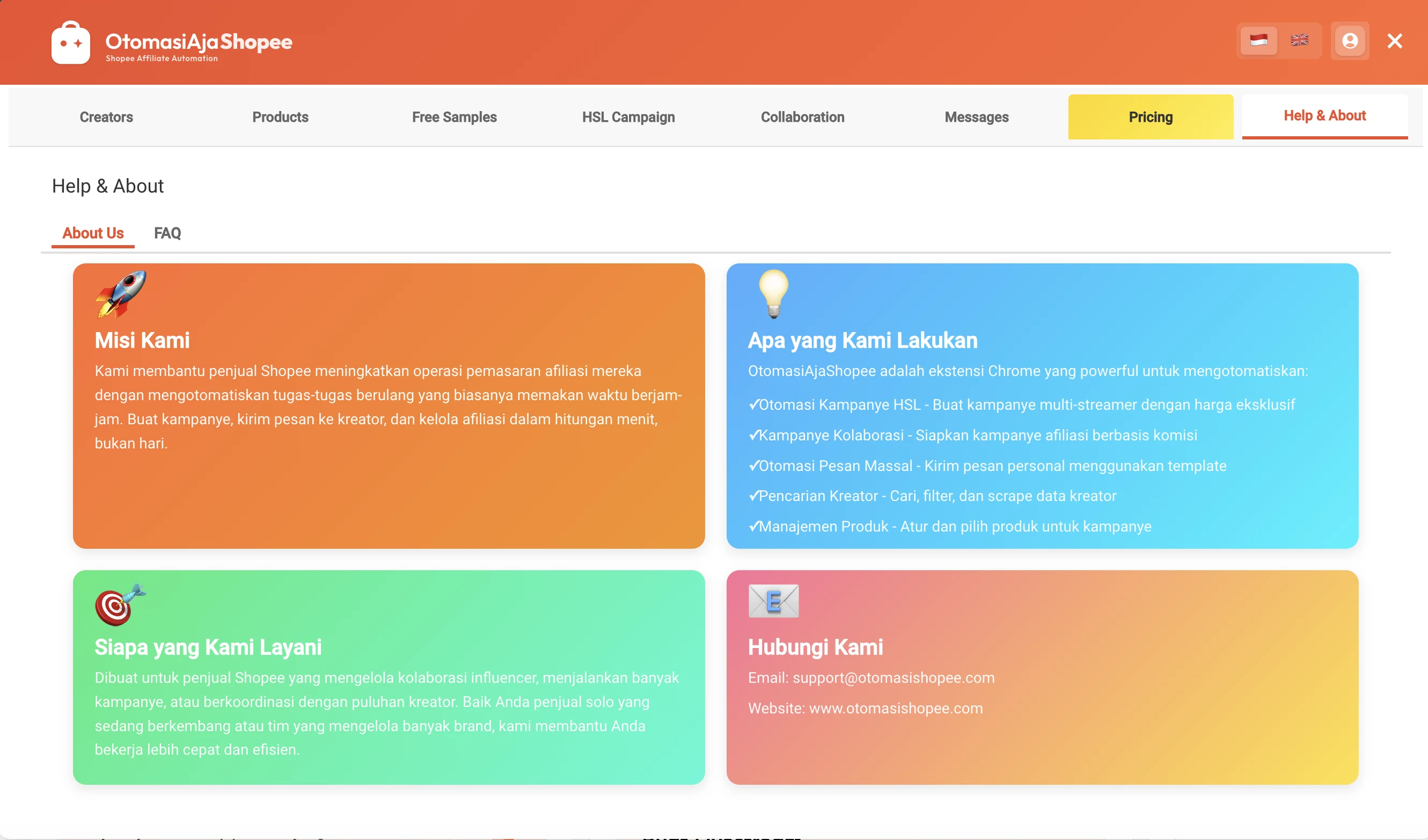 Halaman Help and About di dalam ekstensi dengan kartu misi, daftar kemampuan, target pengguna, dan kontak